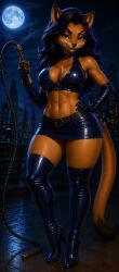 ai_generated sly_cooper_(series) carmelita_fox fox fox_ears fox_girl fox_tail fox_humanoid leather leather_clothing leather_boots leather_gloves leather_bra blue_hair thick_thighs thick female female_only boobs tits breasts big_breasts big_tits big_titties big_boobs big_boobies whip night night_sky moon moonlight sexy sexy_pose sexy_body sexy_female sexy_clothing