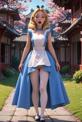 1girls ai_generated alice_(alice_in_wonderland) alice_(disney) alice_in_wonderland alice_in_wonderland_(1951_film) alice_liddell apron architecture arms_at_sides artist_name bare_arms black_bow black_footwear blonde_hair blue_dress bow breasts building cherry_blossoms cleft_of_venus closed_eyes crotchless day disney dress east_asian_architecture eyeshadow facing_viewer female_human forehead full_body grass hair_bow hi_res lips long_hair makeup mary_janes no_panties nose open_mouth outdoors pantyhose patreon_username pussy r34arts red_lips shoes short_sleeves sleeveless sleeveless_dress small_breasts solo standing teeth tree uncensored upper_teeth_only walking web_address white_apron white_pantyhose