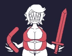 1girls 2d 4_breasts aplovestudio aplovestudio_(artist) boomerang bra game_cg mitruvian_van_(18+_edition) monster monster_girl pussy sharp_teeth solo solo_female sword tagme trimmed_pubic_hair vagina