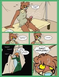 3_toes 4_fingers 5_panel_comic anthro autofellatio balls bear bed big_penis blue_nose blush blush_lines bodily_fluids bottomwear bottomwear_down breath brown_body brown_fur caught_in_the_act caught_masturbating claws clothed clothed_anthro clothed_female clothing coat comic conker's_bad_fur_day curly_hair detailed_background dialogue dripping english_text entering entering_room erection eves fap_(sound_effect) feet fellatio female female_anthro fingers fur furniture genital_fluids genitals green_clothing green_coat green_topwear hair hand_on_penis hi_res inside_tent licking licking_lips licking_own_lips looking_pleasured male mammal masturbation messy_hair military military_uniform moan motion_lines on_bed onomatopoeia open_mouth oral oral_masturbation orange_body orange_fur panting pants pants_down pantsless pantsless_anthro pantsless_male partially_clothed penile penile_masturbation penis pillow rareware saliva saliva_drip saliva_on_penis sex shirt simple_background solo sound_effects speech_bubble stroking_penis sweat sweatdrop tan_body tan_fur tank_top tediz text thinking thought_bubble toes tongue tongue_out topwear uniform wide_eyed yellow_eyes yellow_sclera