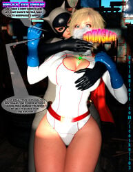 superheroine power_girl chloroform kidnapped kidnapping thick_thighs big_breasts shocked_expression muffled catwoman kryptonite grabbing_another's_breast leotard short_hair