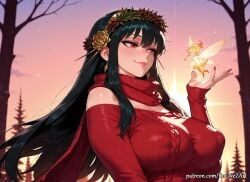 2026 2girls ai_generated anime bangs bare_shoulders black_hair blonde_hair boobs breasts cleavage closed_mouth covered_nipples crossover demon_wings dress earrings fairy female female_focus flower gold_earrings gold_hairband hair_accessory hair_flower hair_ornament hairband highres huge_breasts jewelry large_breasts lips long_hair multiple_girls nail_polish neutral_expression nsfw off-shoulder_sweater off_shoulder outdoors patreon patreon_username red_eyes red_nails red_scarf red_sweater rognezart scarf sky smile smiling solo spy_x_family sweater sweater_dress tree upper_body very_long_hair web_address wings yor_briar yor_forger