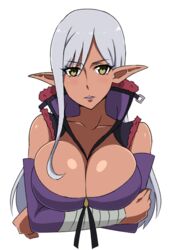 breast_squeeze breasts cleavage dark_elf pointy_ears simple_background white_background white_hair yao_haa_dushi yellow_eyes