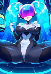 1girls 2020s 2024 ai_generated anemoi blue_hair bodysuit breasts camel_toe cameltoe clothing dj dj_sona dj_sona_ethereal female female_only futuristic futuristic_clothing grey_bodysuit grey_clothing grey_rubber helmet helmet_with_visor human jpeg large_breasts league_of_legends legs_apart lips page_8 pink_lips posing posing_for_the_viewer rubber rubber_clothing rubber_suit shiny_clothing signature sitting solo sona_buvelle spread_legs teeth tight_clothing twintails visor
