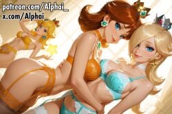 2025 2026 3girls absurd_res absurdres ai ai-created ai_art ai_assisted ai_generated alphai amber_eyes big_ass blonde_hair blue_eyes blushing brown_hair choker cinematic_lighting colorful_background crown depth_of_field detailed_background detailed_hair detailed_skin dramatic_shadows dynamic_angle earrings eyelashes female female_only from_above garter_belt garter_straps high_quality high_resolution highres human human_only indoors light-skinned_female light_skin lingerie long_hair mario_(series) medium_breasts naughty_face navel nintendo nintendo_switch particles patreon patreon_link patreon_url patreon_username princess princess_daisy princess_peach princess_rosalina raised_eyebrows royalty seductive_eyes seductive_pose semirealistic shiny_skin short_hair side_angle skindentation slim_waist stockings thick_thighs volumetric_lighting