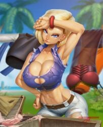 1girls abs alternate_version_available android_18 areola arm_up armpits beach belt blonde_hair blue_eyes bracelet breasts bursting_breasts cleavage clothed clothes curvy day denim dragon_ball dragon_ball_z earrings erect_nipples eyelashes female female_only grass hand_on_face huge_breasts jeans lipstick looking_at_viewer midriff muscles muscular_female nipple_bulge nipple_peek nipples nipples_visible_through_clothing outdoors palm_tree pants partially_visible_nipples red_lipstick short_hair skin_tight sky solo standing sweat taboolicious tank_top tearing_clothes tight_pants torn_clothes torn_jeans tree undersized_clothes washing wide_hips