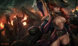 1girls belt big_breasts blue_eyes breasts cannon captain_fortune clothes clothing costume edit edited_official_artwork female fire gun hat holding_weapon league_of_legends liquidshadow long_hair looking_at_viewer miss_fortune nipples pirate pirate_hat pirate_ship ponytail red_hair riot_games serious shaved_pussy ship solo_focus standing