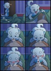 ambiguous_focus ambiguous_gender arched_back at_night bedroom blowjob blue_eyes blushed_face butt chubby_belly chubby_male cub cum cum_in_mouth fellatio furry incest laying_on_top mischievous_look on_bed sneaking sneaky_sex sucking sucking_cock sucking_dick sucking_off sucking_penis white_fur