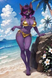 ai_generated bat batsloth beach big_breasts bikini female female_only furry golden_bikini golden_week lord_sarloc purple_fur purple_hair sarlette sloth