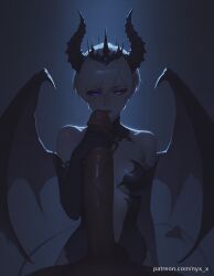 nyx_x ai_generated 1girl penis short_hair wings hetero 1boy uncensored demon_wings demon_girl horns fellatio oral solo_focus breasts glowing purple_eyes demon_horns white_hair hair_between_eyes glowing_eyes crown dark looking_at_viewer makeup blue_background bare_shoulders bangs