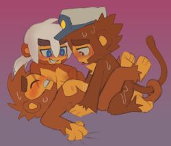admiral_brickell anal anal_penetration anthro bisexual bloons_tower_defense blue_eyes blush blush_lines bodily_fluids breasts brown_body brown_eyes brown_fur canon_x_oc captain_churchill clothing entwined_tails eyebrows fan_character female from_front_position fur gay_in_front_of_girls gradient_background group group_sex hair haplorhine hat headgear headwear long_tail looking_at_another lying male male/female male/male male_penetrated male_penetrating male_penetrating_male mammal missionary_position mmf_threesome monkey ninja_kiwi nipples on_back peaked_cap penetration prehensile_tail primate sex simple_background snake_venom sweat tail tail_around_partner tail_coil threesome trio voyeur white_hair