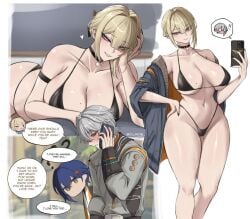 1boy 1girls 2d 2d_(artwork) 2d_artwork 2girls artist_request belle_(delicate_sunlight)_(zenless_zone_zero) belle_(zenless_zone_zero) big_breasts bikini black_nails blonde_hair boy brother_and_sister cellphone cluhob colored_nails curvy curvy_body curvy_female curvy_figure dialogue digital_drawing_(artwork) digital_media digital_media_(artwork) english_text evelyn_chevalier female female/male girl highres hourglass_figure human human_female human_male humanoid large_breasts light-skinned_male light_skin long_hair long_nails male male/female medium_hair multiple_girls official_alternate_costume painted_nails pale-skinned_female pale_skin phone phone_call purple_eyes sexually_suggestive smartphone swimsuit text thick_thighs wide_hips wise_(soaring_crane)_(zenless_zone_zero) wise_(zenless_zone_zero) zenless_zone_zero