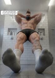 1boy abs ai_generated armpit blonde_hair boxers daddy_kink dialogue drift_(fortnite) face_mask fortnite fortnite:_battle_royale gay gay_sex glistening legs_spread looking_at_viewer lying_on_back male_only mask muscular muscular_male oiled on_back pectorals shiny_skin socks solo speech_bubble spiky_hair sweat text white_socks yaoi