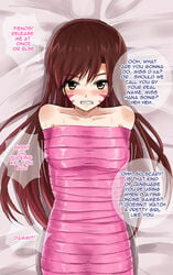 bare_shoulders blizzard_entertainment blush bondage bound clenched_teeth d.va dialogue female femsub jitan777 long_hair looking_at_viewer overwatch restrained speech_bubble sweat tape tape_bondage text wrapped