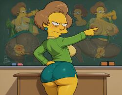 ai_generated highres 20th_century_studios the_simpsons edna_krabappel female solo mature_female teacher chalkboard desk classroom brown_hair short_hair earrings black_eyes yellow_skin annoyed pointing jacket skirt short_skirt ass breasts huge_breasts big_nipples grabbing_breasts pussy anus anal_penetration spread_ass grabbing_another's_ass fellatio blowjob back_view front_view multiple_views navel plump big_ass pantyhose disembodied_hand disembodied_penis backboob open_clothes legs_apart hand_on_penis wide_hips thick_thighs 1girls skirt_up shirt_open ripped_clothing torn_clothes