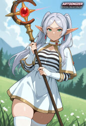 1girls ai_generated artoonizer ass big_ass bridal_gauntlets earrings elf elf_ears female female_focus female_only frieren frieren_beyond_journey's_end green_eyes grey_hair jewelry light-skinned_female light_skin long_hair narrow_waist outdoors patreon patreon_username posing shiny_skin small_breasts solo solo_female solo_focus sousou_no_frieren standing thick thick_hips thick_thighs thighhighs twintails white_thighhighs capelet striped_clothes striped_shirt skirt wand magic_wand looking_at_viewer belt serious serious_face serious_look