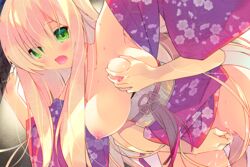 1boy 1girls :o arikawa_satoru blonde_hair blush breast_grab breasts censored clothed_sex collarbone doggy_style female fingering floral_print flower_knight_girl game_cg grabbing grabbing_from_behind green_eyes hanging_breasts japanese_clothes kimono large_breasts long_hair nipples official_art open_clothes open_kimono open_mouth print_kimono purple_kimono reach_around ryuzetsuran_(flower_knight_girl) sex straight vaginal_penetration wet