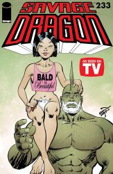 1boy 1girls asian asian_female comic comic_cover dark-skinned_male dark_skin erik_larsen female green_skin image_comics light-skinned_female light_skin looking_at_viewer malcolm_eugene_jackson-dragon male maxine_jung_lai official_art savage_dragon shaving shaving_cream shaving_pussy short_hair