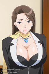 1girl magatama mole_under_mouth breasts jewelry solo cleavage brown_hair earrings mole long_hair scarf sweat necklace makeup looking_at_viewer formal mature_female lipstick large_breasts suit blush upper_body bra huge_breasts black_eyes zipper mia_fey ace_attorney gyakuten_saiban unjobdespiert ai_generated 1female curvy huge_ass big_breasts big_ass 1girls 2026 artist_name watermark hi_res highres high_quality high_resolution patreon_username patreon