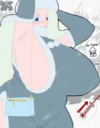 hordra artist_signature melony_(pokemon) pokemon pokemon_swsh 1girls female milf white_hair bbw chubby_female chubby arm_raised armpit purse huge_breasts big_breasts breasts blue_eyes cold snowing