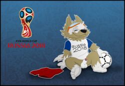 animal_genitalia anthro ball balls canine clothed clothing eyewear fifa fur goggles hi_res kaion male male_only mammal mascot penis simple_background soccer soccer_ball solo sport wolf zabivaka