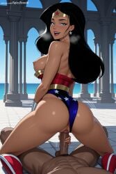 1boy 1girl ai_generated anus ass black_hair blue_eyes breasts breasts_outside dark_skin dark_skinned_male dc dc_comics dcau diana_prince earrings girl_on_top hetero hi_res high_quality high_resolution interracial jewelry justice_league large_breasts long_hair looking_back mole nipples patreon penis pool pussy reverse_cowgirl_position seductive sex sexy shiny_skin smile solo_focus spicytoonai straddling sweat uncensored watermark wonder_woman wonder_woman_(series)