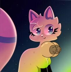 slushi_(chikn_nuggit) chikn_nuggit original_character munchykirby1 anthro fox neon_green_body fur fox_ears fox_tail black_hands eyelashes cyan_eyes heart_ears big_breasts olive_nipples night_sky hiding_sun tagme edit edited digital_drawing_(artwork) ai_generated ai