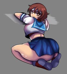 haikidess sakura_kasugano street_fighter capcom 1girls ass ass_focus big_ass breasts bottomless bottomless_skirt brown_hair brown_eyes headband clothing from_behind bra short_hair tomboy solo solo_focus solo_female female female_only female_focus huge_ass no_panties skirt school_uniform schoolgirl thick_thighs thick_ass thick looking_back on_knees