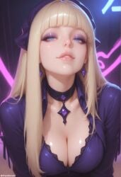 1girl absurd_res ai_generated artist_name artist_upload black_bra black_choker blonde_hair blue_eyes blunt_bangs bra breasts choker cleavage disney earrings eyeshadow gravity_falls hi_res jewelry large_breasts lips long_hair looking_at_viewer makeup medium_breasts more_at_source neon_lights pacifica_northwest pandora parted_lips patreon patreon_username self_upload shiny_skin smile solo uncensored underwear upper_body watermark