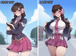 ai_generated ai_assisted nay_juno inminent_sex about_to_have_sex 1girl 1girls sexy_pose sexy overwatch solo long_hair breasts looking_at_viewer smile shirt large_breasts skirt black_hair brown_hair jacket white_shirt brown_eyes school_uniform braid cowboy_shot thighs outdoors parted_lips collared_shirt comic necktie sky glasses day black_jacket english_text blue_sky twin_braids multiple_views plaid_clothes facial_mark headphones plaid_skirt blazer round_eyewear 2koma bespectacled patreon_logo whisker_markings pink_necktie before_and_after comparison d.va academy_d.va schoolgirl_d.va