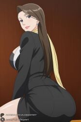 mia_fey ace_attorney phoenix_wright gyakuten_saiban unjobdespiert ai_generated 1female looking_at_viewer curvy huge_breasts huge_ass big_breasts big_ass 1girls breasts 2026 artist_name watermark hi_res highres high_quality high_resolution patreon_username patreon 1girl solo brown_hair mole_under_mouth ass long_hair jewelry earrings mole formal looking_back skirt suit blue_eyes large_breasts sweat smile scarf sitting lips pencil_skirt mature_female lipstick makeup