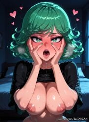 1girl 2026 ai_generated alternate_breast_size anime bangs bed blush boobs breasts cleavage clothes_lift crossover curly_hair drooling exposed_nipples eye_contact eyelashes female female_focus flipped_hair flushed green_eyes green_hair green_nails hands_on_own_face heart heart-shaped_pupils heart_in_eye highres huge_breasts indoors inside large_breasts looking_at_viewer moaning nail_polish night nipples nsfw on_bed one-punch_man open_mouth oral_invitation patreon rognezart saliva saliva_trail shiny shiny_skin shirt shirt_lift short_hair solo sweat sweaty symbol-shaped_pupils tatsumaki tongue tongue_out upper_body window