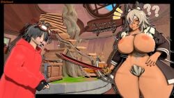 1boy 1girl abs almost_nude_female animal_ears animal_tail areola black_hair blushing bush clothed_male dark-skinned_female english_text eyepatch fingerless_gloves ghislaine_dedoldia goggles_on_forehead gray_hair looking_at_partner looking_up_at_partner mushoku_tensei nipples original_character pubic_hair question_mark red_eyes red_jacket scar twiddling_fingers weapon zhinlewd