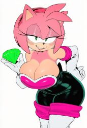 amy_rose rouge_the_bat_(cosplay) ai_generated voluptuous_female big_breasts chaos_emerald curvy_figure clothed_female spandex_suit bodysuit neckline