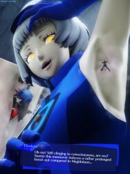 arm_up armpit armpit_fetish armpit_focus elizabeth_(persona) giantess hand_on_head looking_at_another looking_down looking_down_at_another makoto_yuki persona_3 sadinincarnate3d stuck_to_armpit text text_box yellow_eyes