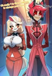 cocky69 ai_generated hazbin_hotel charlie_morningstar_(hazbin_hotel) alastor_(hazbin_hotel) male/female demon demon_girl hallway breasts big_breasts dress clothed clothes text holding_breast
