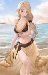 1girls beach bikini blonde_hair blue_eyes blue_sky breasts brown_bikini brown_swimsuit cleavage collarbone commentary_request feet_out_of_frame female female_only fire_emblem fire_emblem:_three_houses fire_emblem_heroes haru_(nakajou-28) highres large_breasts long_hair looking_at_viewer mercedes_von_martritz mercedes_von_martritz_(summer) navel nintendo ocean official_alternate_costume outdoors parted_lips sarong sky solo standing stomach swimsuit thighs water