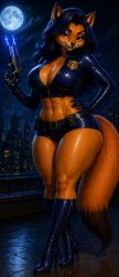 ai_generated sly_cooper_(series) carmelita_fox minishorts belly_button belly belly_shirt blue_hair fox fox_ears fox_girl fox_tail busty busty_female tits boobs breasts big_breasts big_tits big_boobs cop police police_uniform policewoman police_officer leather_boots moon moonlight night night_sky sexy sexy_pose sexy_body sexy_female sexy_clothing