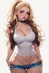 blonde blonde_hair blonde_female blonde-haired_female blonde_hair_female blue_eyes 1girls ai_generated cleavage cleavage_overflow cleavage_focus cleavage_dress earrings perfect_body perfect_boobs perfect_tits tits tits_focus smile seductive seductive_look seductive_smile seductive_eyes seductive_pose seductive_mouth seducing seductive_body seductive_gaze seduction denim_shorts pulling_down_shorts curvy_hair leather_vest cowgirl cowgirl_outfit cowgirl_(western)