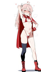 ai_generated ai highres absurdres natsu_(blue_archive) blue_archive 1girl red_eyes pink_hair long_hair ahoge side_ponytail looking_at_viewer blush nose_blush smile closed_mouth sweat very_sweaty sweatdrop small_breasts superhero micro_bra red_bra midriff navel micro_panties red_panties highleg female_pubic_hair sparse_pubic_hair fingerless_gloves red_gloves asymmetrical_legwear mismatched_thighhighs cross-laced_footwear red_boots red_cape very_long_cape standing hand_on_own_hip legs_apart arm_behind_head armpit_hair excessive_armpit_hair simple_background white_background steaming_body heart floating_heart motion_lines