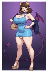 1girl ai_generated ankle_strap aroused_smile bat_wings blonde_highlights blue_dress brunette_hair cleavage closed_toe_heels clothing_bulge demon_girl detailed erection_under_clothes fangs futa futa_bulge glossy_skin golden_horns green_eyes hand_on_hip handbag highres horns huge_ass huge_breasts hyper_curvy jacket_draped_over_arm looking_at_viewer massive_breasts nude_heels pencil_skirt platform_wedges pointy_ears precum_stain purple_background purple_tail purple_wings shiny_skin short_dress shoulder_length_hair smile solo spade_tail standing strained_clothes succubus sweat tail_wrap thick_thighs three_quarter_view tight_dress wavy_hair wedge_heels wide_hips wings_spread