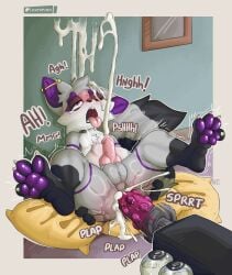 1boy absurd_res anal anal_penetration animal_genitalia animal_penis anthro ass azzy_the_trash_panda balls belly blush bodily_fluids butt_grab canid canine canine_genitalia canine_penis canis claws crying cum cum_in_ass cum_inflated_belly cum_inside cum_on_face cumshot dildo dildo_in_ass dildo_insertion ear_piercing ejaculation erection excited excited_expression feet fluffy fluffy_tail foot_fetish foot_focus fucking_machine genital_fluids genitals grey_body hand_on_butt hi_res hybrid inflation katxfish knot legs_up machine male male_only mammal messy moan naked nude object_in_ass onomatopoeia pawpads paws penetration penis piercing pillow precum procyonid raccoon raised_paw riding_dildo rough_sex satisfaction satisfied sex sex_machine sex_toy sex_toy_in_ass sex_toy_insertion shaking shaking_legs sitting solo sound_effects spread_legs spreading stomach_bulge submissive tail tears text toe_claws tongue tongue_out wolf