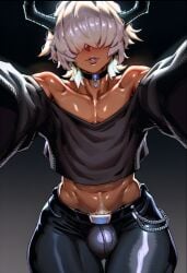 1boy ai_generated bare_shoulders belt black_choker black_pants bulge bull_boy chain choker collarbone crop_top dark-skinned_femboy dark-skinned_male dark-skinned_sissy dark-skinned_twink dark_skin demon_horns earrings femboy hair_over_eyes horns jewelry kuruma lips maddogai male_focus midriff navel oc off_shoulder original_character otoko_no_ko pants pov pubic_hair shiny_skin shirt solo sweat sweatdrop sweating sweaty sweaty_body tongue tongue_out wet wet_body white_hair
