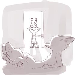 2018 anthro anthro_on_anthro barefoot bed black_and_white canine caught cheek_tuft clothed clothing disney door ear_markings facial_markings female flat_chest fox fuel_(artist) fur fur_markings group jack_savage lagomorph male mammal markings monochrome nude on_head rabbit reclining selfcest sketch skye_(zootopia) square_crossover standing striped_fur stripes thigh_grab tuft what yuri zootopia