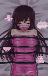 bare_shoulders blizzard_entertainment blush bondage bound closed_eyes d.va female femsub forced forced_orgasm gag gagged helpless jitan777 lights_off long_hair motion_lines overwatch restrained solo strapped_down struggling sweat tape tape_bondage tape_gag taped_mouth tears text vibrator wrapped