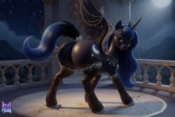 3d 3d_(artwork) 3d_render ai ai_assisted ai_generated alicorn anthro arched_back ass_focus ass_up back_view bent_over big_ass black_lingerie blue_hair bubble_butt chains collar cutie_mark dark_skin equid equine feral friendship_is_magic garter_belt garter_straps glistening green_eyes high_quality horn horse jewelry lace lewdstein lingerie looking_back moonlight my_little_pony night outdoors pegasus presenting presenting_ass presenting_hindquarters princess_luna_(mlp) purple_skin sparkles stockings thick_thighs thighhighs unicorn voluptuous