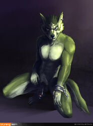 2017 abs anthro anthrofied balls bitfang black_background black_nose blue_eyes canine chains claws crouching ear_piercing flaccid fur genital_piercing green_fur hi_res humanoid_penis link looking_at_viewer male male_only mammal markings multicolored_fur nintendo nude partially_retracted_foreskin penis penis_piercing piercing shackles simple_background solo tattoo the_legend_of_zelda twilight_princess two_tone_fur uncut video_games white_fur wolf wolf_link