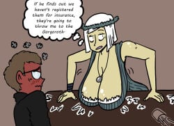 1boy 1girls alternate_costume big_breasts blush bob_cut circlet cleavage crown english_text fear_and_hunger female female_focus huge_breasts male nilvan saggy_breasts short_hair teacher white_hair yellow_body yellow_skin