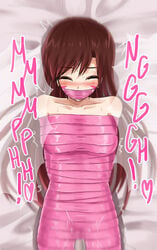 bare_shoulders blizzard_entertainment blush bondage bound closed_eyes d.va female female_orgasm femsub forced forced_orgasm gag gagged gagged_speech jitan777 long_hair orgasm overwatch restrained sweat tape tape_bondage tape_gag taped_mouth text trembling vibrator wrapped