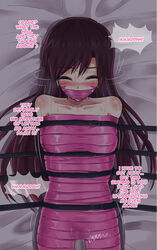 bare_shoulders bed blizzard_entertainment blush bondage bound closed_eyes d.va english_text female female_focus female_only femsub forced forced_orgasm gag gagged gagged_speech helpless jitan777 jpeg lights_off long_hair motion_lines overwatch restrained solo strapped_down struggling sweat tape tape_bondage tape_gag taped_mouth text vibrating vibrator wrapped